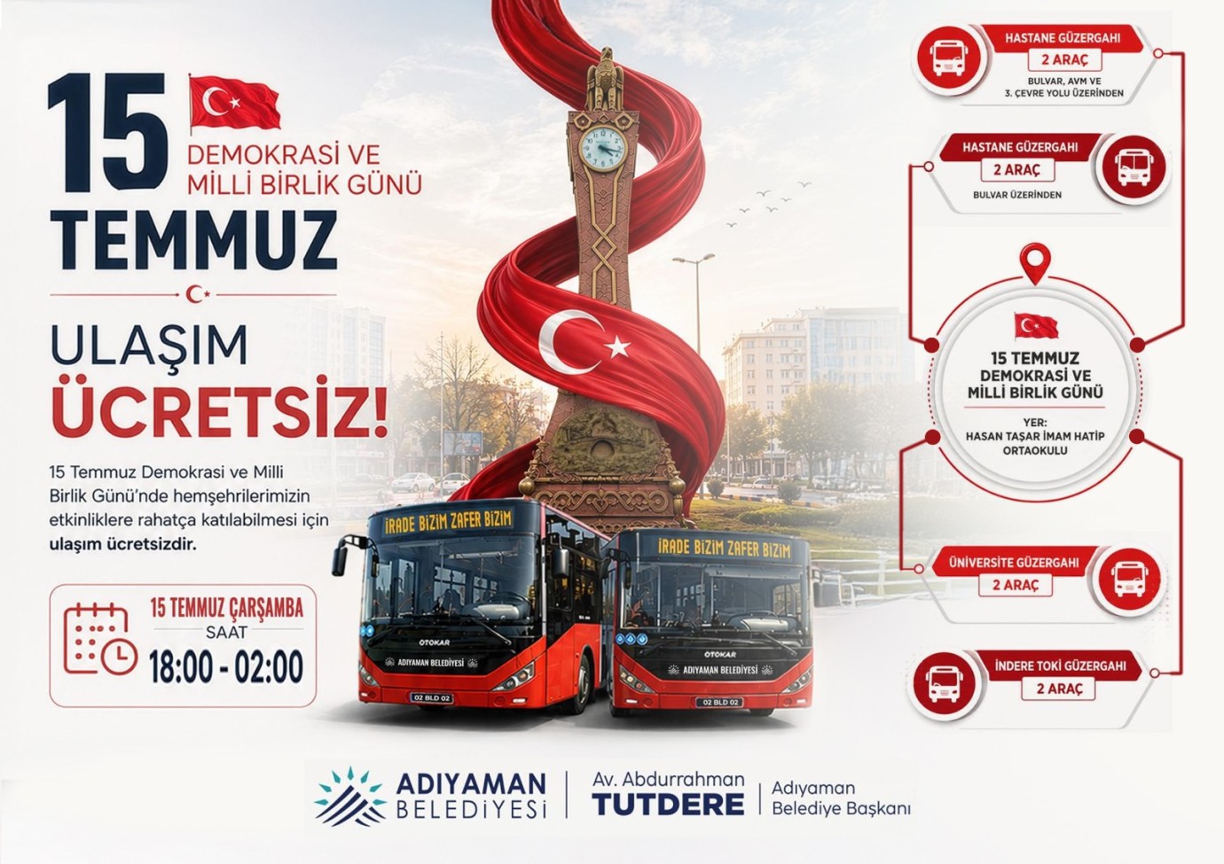 15 Temmuz’da Adıyaman’da Ulaşım Ücretsiz